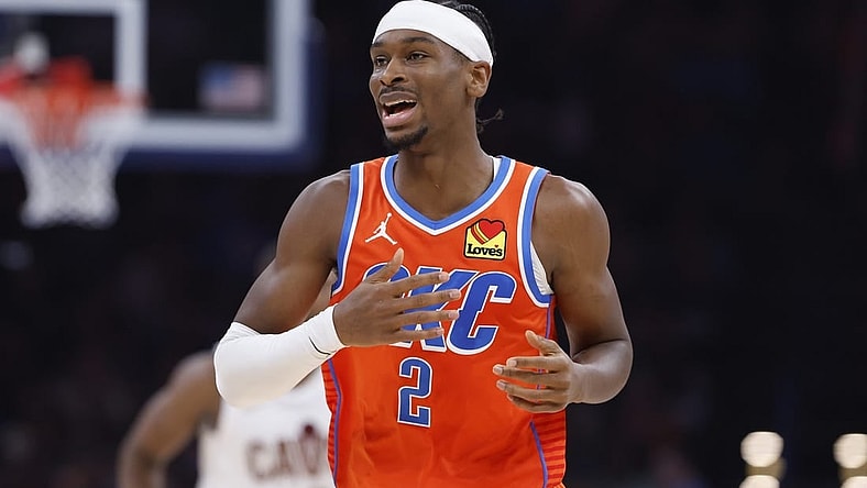 Nov 8, 2023; Oklahoma City, Oklahoma, USA; Oklahoma City Thunder guard Shai Gilgeous-Alexander (2) runs down the court against the Cleveland Cavaliers during the second quarter at Paycom Center. Mandatory Credit: Alonzo Adams-USA TODAY Sports