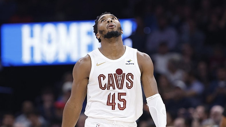 Nov 8, 2023; Oklahoma City, Oklahoma, USA; Cleveland Cavaliers guard Donovan Mitchell (45) reacts after a play against the Oklahoma City Thunder during the second half at Paycom Center. Oklahoma City won 128-120. Mandatory Credit: Alonzo Adams-USA TODAY Sports