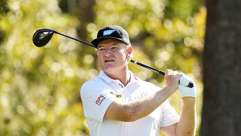 Ernie Els plays his tee shot on the third hole during round one of the Charles Schwab Cup Championship at the Phoenix Country Club on Nov. 9, 2023.