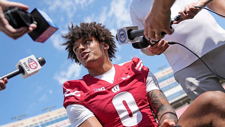 Wisconsin Badgers running back Braelon Allen (0) talks to the media as part of Wisconsin Badgers' football media day at the McClain Center in Madison on Tuesday, Aug. 2, 2022.