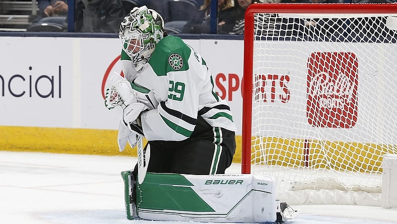 Nov 9, 2023; Columbus, Ohio, USA; Dallas Stars goalie Jake Oettinger (29) makes a save against the Columbus Blue Jackets during the third period at Nationwide Arena. Mandatory Credit: Russell LaBounty-USA TODAY Sports