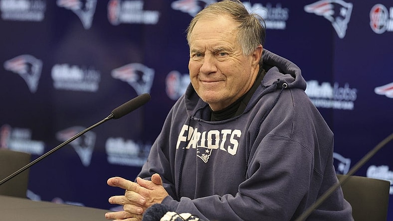 Nov 10, 2023; Frankfurt, Germany;  New England Patriots head coach Bill Belichick speaks to the media before an NFL International Series practice at the Deutcher Fussball-Bund facility. Mandatory Credit: Nathan Ray Seebeck-USA TODAY Sports