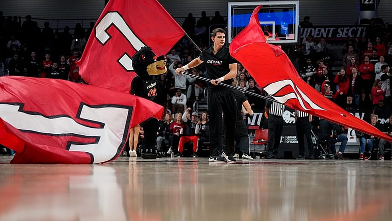 The Cincinnati Bearcats cheerleaders perform during in the second half of the NCAA men   s basketball exhibition game between the Cincinnati Bearcats and the Detroit Mercy Titans at Fifth Third Arena in Cincinnati on Friday, Nov. 10, 2023. The Bearcats won 93-61.