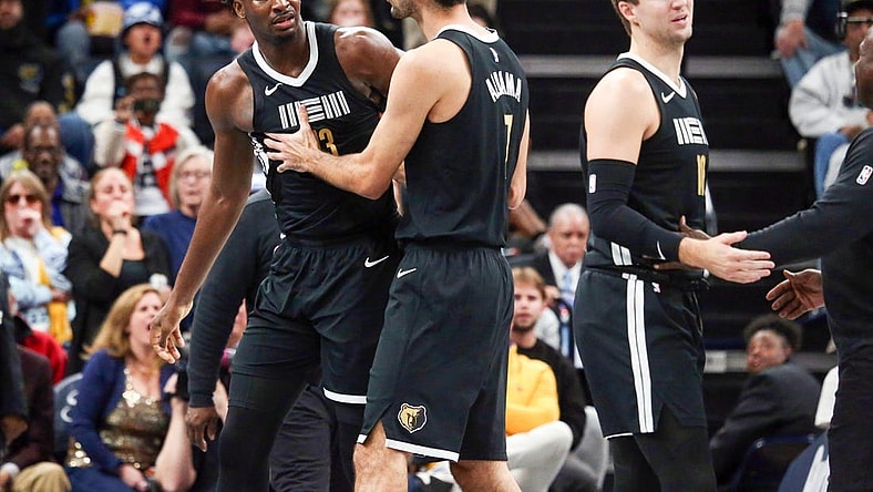 Nov 10, 2023; Memphis, Tennessee, USA; Memphis Grizzlies forward-center Jaren Jackson Jr. (13) held back by forward-center Santi Aldama (7) after being called for two technical fouls during the second half against the Utah Jazz at FedExForum. Mandatory Credit: Petre Thomas-USA TODAY Sports