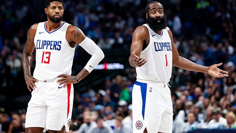 Nov 10, 2023; Dallas, Texas, USA;  LA Clippers guard James Harden (1) and LA Clippers forward Paul George (13) react against during the second half against the Dallas Mavericks at American Airlines Center. Mandatory Credit: Kevin Jairaj-USA TODAY Sports