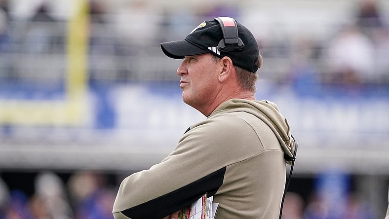 Nov 11, 2023; Lawrence, Kansas, USA; Kansas Jayhawks head coach Lance Leipold looks on during the first half against the Texas Tech Red Raiders at David Booth Kansas Memorial Stadium. Mandatory Credit: Denny Medley-USA TODAY Sports