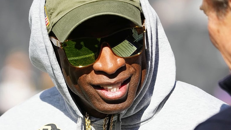 Nov 11, 2023; Boulder, Colorado, USA; Colorado Buffaloes head coach Deion Sanders before the game against the Arizona Wildcats at Folsom Field. Mandatory Credit: Ron Chenoy-USA TODAY Sports