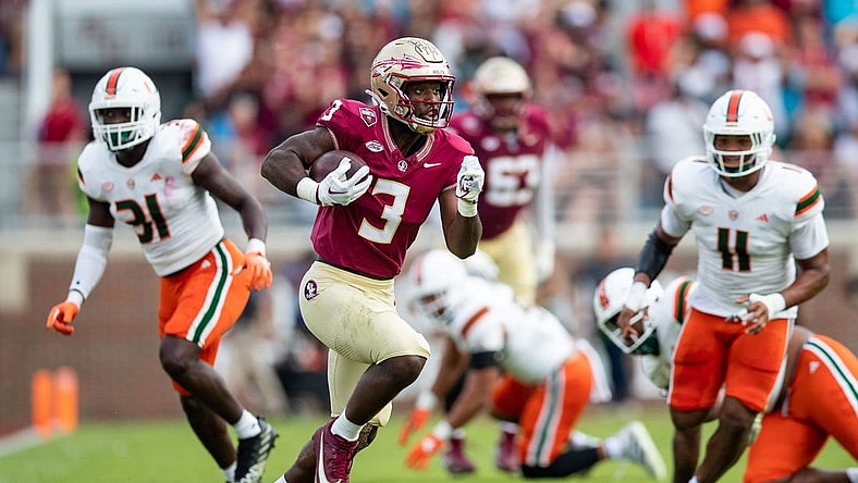The Florida State Seminoles and the Miami Hurricanes are tied 10-10 at the half on Saturday, Nov. 11, 2023.