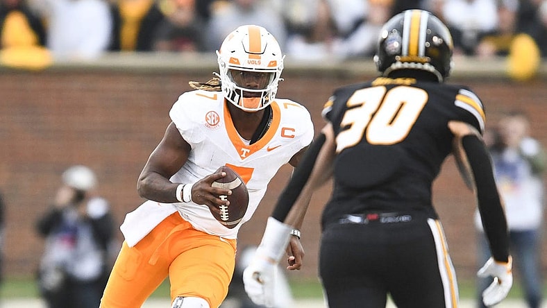 Tennessee quarterback Joe Milton III (7) runs with the ball during NCAA college football game against Missouri on Saturday, November 11, 2023 in Columbia, MO.