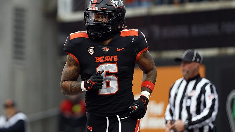 Nov 11, 2023; Corvallis, Oregon, USA; Oregon State Beavers running back Damien Martinez (6) celebrates after scoring a touchdown during the first half against the Stanford Cardinal at Reser Stadium. Mandatory Credit: Soobum Im-USA TODAY Sports
