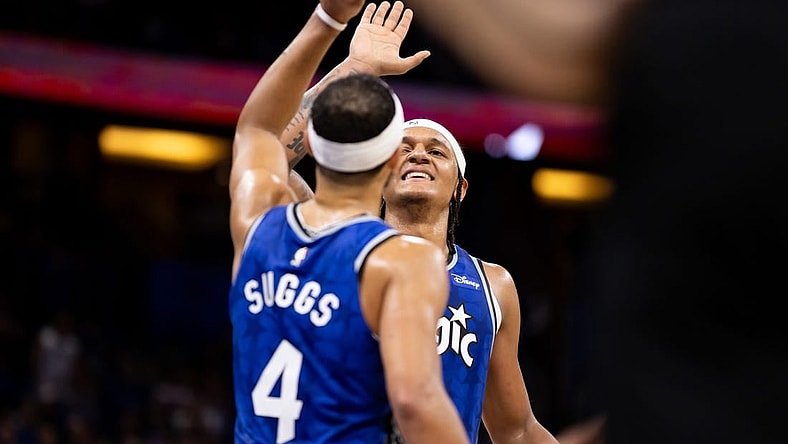 Nov 11, 2023; Orlando, Florida, USA; Orlando Magic forward Paolo Banchero (5) and Orlando Magic guard Jalen Suggs (4) celebrate during the second half against the Milwaukee Bucks at Amway Center. Mandatory Credit: Matt Pendleton-USA TODAY Sports