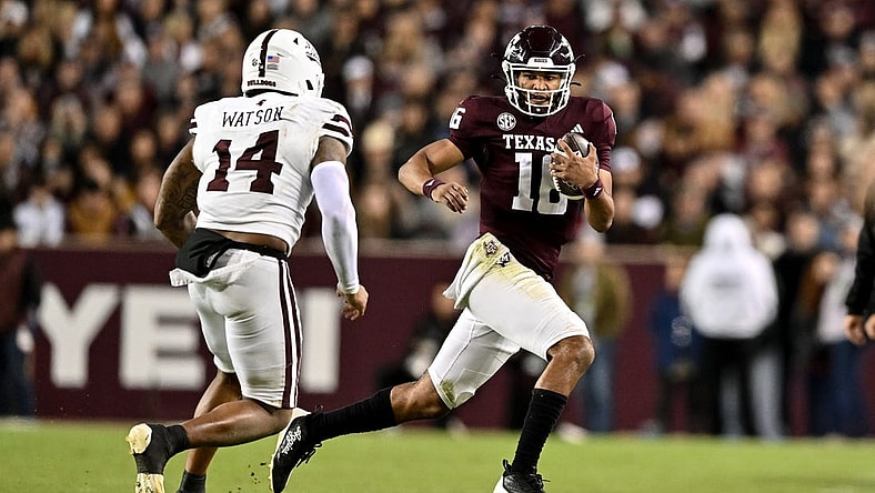 Nov 11, 2023; College Station, Texas, USA; Texas A&M Aggies quarterback Jaylen Henderson (16) run the ball during the second quarter against the Mississippi State Bulldogs at Kyle Field. Mandatory Credit: Maria Lysaker-USA TODAY Sports