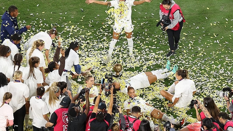 Nov 11, 2023; San Diego, California, USA; New Jersey/New York Gotham FC celebrate after winning the 2023 NWSL Championship match against OL Reign at Snapdragon Stadium. Mandatory Credit: Jessica Alcheh-USA TODAY Sports
