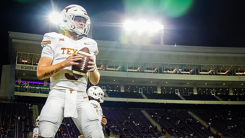 Nov 11, 2023; Fort Worth, Texas, USA; Texas Longhorns quarterback Quinn Ewers (3) warms up before competing against TCU Horned Frogs in an NCAA college football game, Saturday, November. 11, 2023, at Amon G. Carter Stadium. Mandatory Credit: Ricardo B. Brazziell-USA TODAY Sports