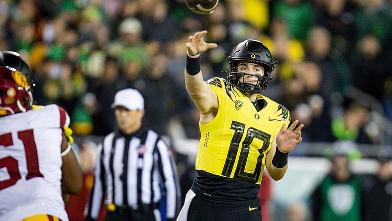 Oregon quarterback Bo Nix throws out a pass as the No. 6 Oregon Ducks host the USC Trojans Saturday, Nov. 11, 2023, at Autzen Stadium in Eugene, Ore.