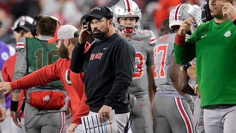Nov 11, 2023; Columbus, Ohio, USA; Ohio State coach Ryan Day watches the team during the NCAA football game against Michigan State University at Ohio Stadium.