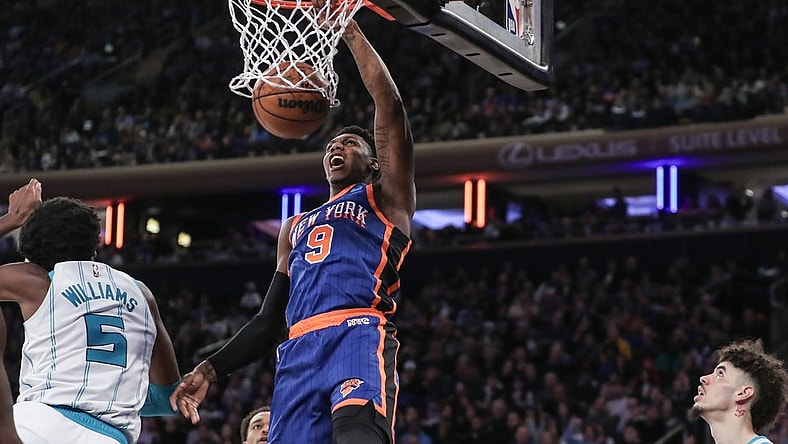 Nov 12, 2023; New York, New York, USA;  New York Knicks guard RJ Barrett (9) dunks in the second quarter against the Charlotte Hornets at Madison Square Garden. Mandatory Credit: Wendell Cruz-USA TODAY Sports