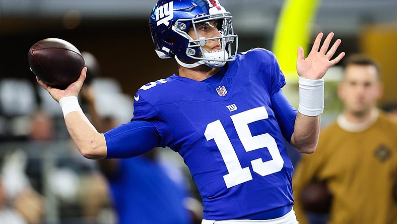 Nov 12, 2023; Arlington, Texas, USA;  New York Giants quarterback Tommy DeVito (15) warms up before the game against the Dallas Cowboys at AT&T Stadium. Mandatory Credit: Kevin Jairaj-USA TODAY Sports
