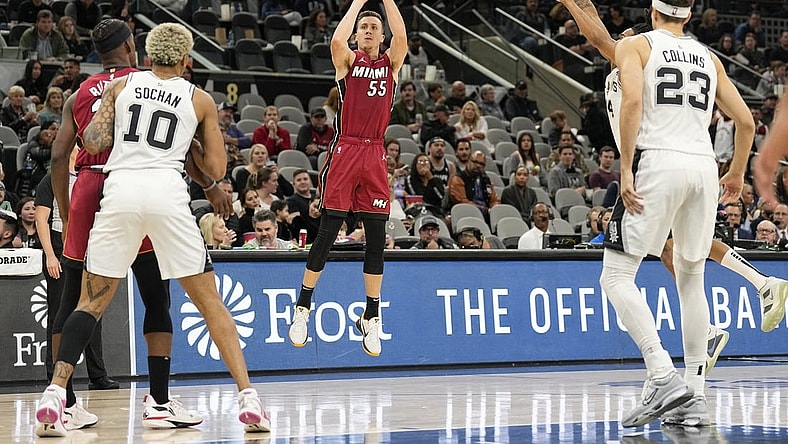 Nov 12, 2023; San Antonio, Texas, USA; Miami Heat guard Duncan Robinson (55) shoots during the second half against the San Antonio Spurs at Frost Bank Center. Mandatory Credit: Scott Wachter-USA TODAY Sports