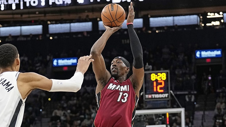 Nov 12, 2023; San Antonio, Texas, USA; Miami Heat center Bam Adebayo (13) shoots during the second half against the San Antonio Spurs at Frost Bank Center. Mandatory Credit: Scott Wachter-USA TODAY Sports