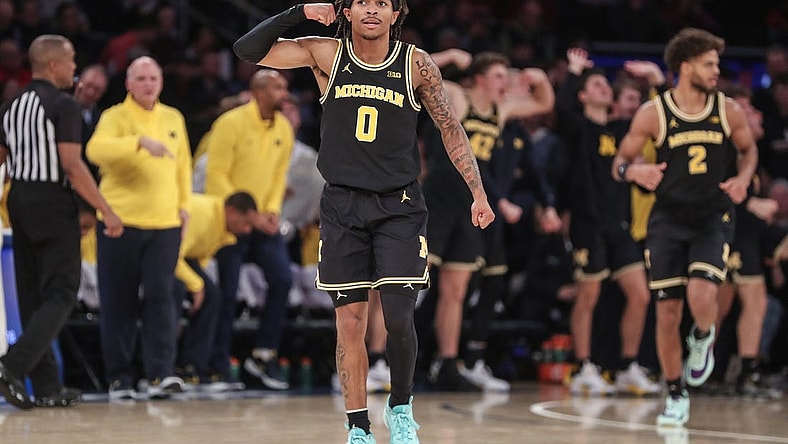 Nov 13, 2023; New York, New York, USA; Michigan Wolverines guard Dug McDaniel (0) celebrates in the second half against the St. John's Red Storm at Madison Square Garden. Mandatory Credit: Wendell Cruz-USA TODAY Sports
