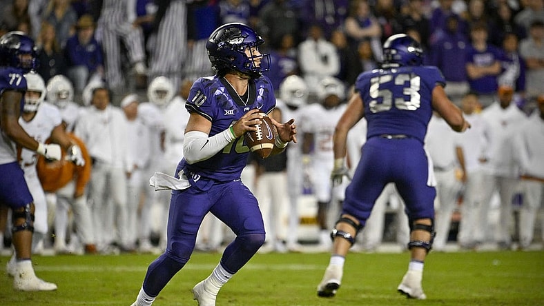 Nov 11, 2023; Fort Worth, Texas, USA; TCU Horned Frogs quarterback Josh Hoover (10) in action during the game between the TCU Horned Frogs and the Texas Longhorns at Amon G. Carter Stadium. Mandatory Credit: Jerome Miron-USA TODAY Sports