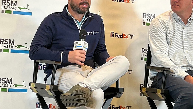 British Open champion Brian Harman (left) ponders a question during a news conference on Tuesday at the Sea Island Club on St. Simons Island, Ga., the site of this week's RSM Classic.