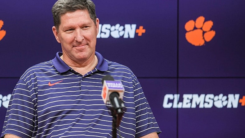Clemson men's basketball Brad Brownell talks in the Smart Family Media Center at the Smart Family Media Center at the Poe Indoor Practice Facility in Clemson, S.C. Tuesday, November 14, 2023.