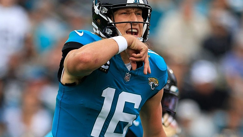Jacksonville Jaguars quarterback Trevor Lawrence (16) calls a play during the first quarter of an NFL football game Sunday, Nov. 12, 2023 at EverBank Stadium in Jacksonville, Fla. The San Francisco 49ers defeated the Jacksonville Jaguars 34-3. [Corey Perrine/Florida Times-Union]