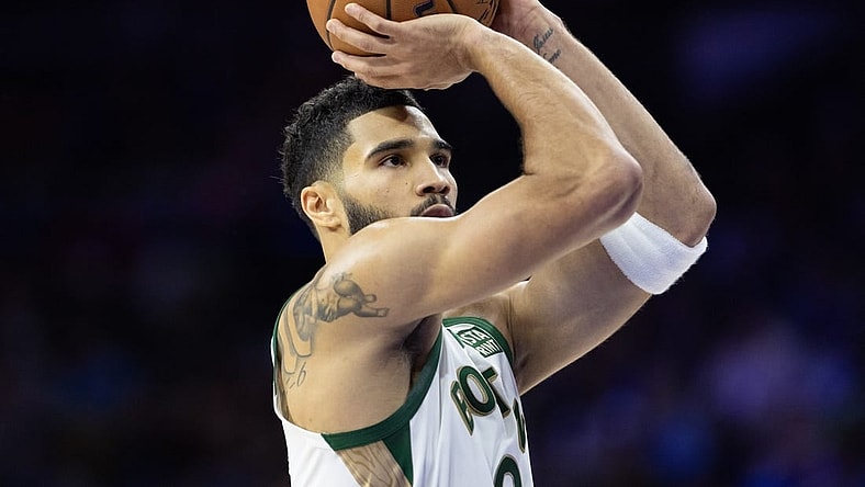 Nov 15, 2023; Philadelphia, Pennsylvania, USA; Boston Celtics forward Jayson Tatum (0) shoots the ball against the Philadelphia 76ers during the second quarter at Wells Fargo Center. Mandatory Credit: Bill Streicher-USA TODAY Sports