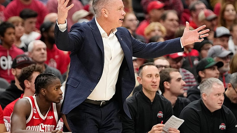 Nov 15, 2023; Columbus, OH, USA; Ohio State Buckeyes head coach Chris Holtmann reacts during the second half of the NCAA men   s basketball game against the Merrimack College Warriors at Value City Arena. Ohio State won 76-52.