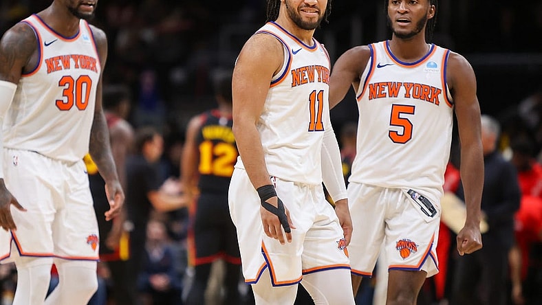 Nov 15, 2023; Atlanta, Georgia, USA; New York Knicks guard Jalen Brunson (11) reacts after a basket against the Atlanta Hawks in the second half at State Farm Arena. Mandatory Credit: Brett Davis-USA TODAY Sports