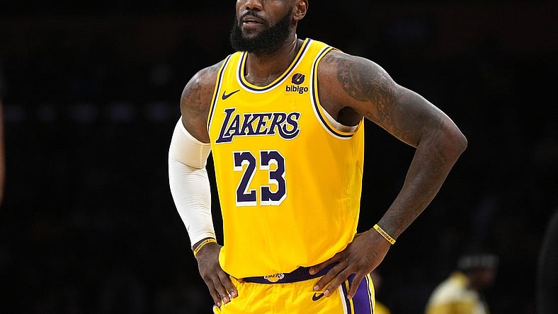 Nov 15, 2023; Los Angeles, California, USA; Los Angeles Lakers forward LeBron James (23) reacts in the second half against the Sacramento Kings at Crypto.com Arena. Mandatory Credit: Kirby Lee-USA TODAY Sports