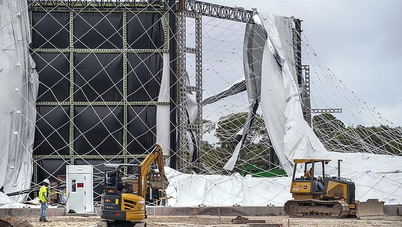Nov 16, 2023; PALM BEACH GARDENS, FL, USA;  The air-supported dome for the future home of the TGL indoor golf league founded by Tiger Woods and Rory McIlroy  was damaged and deflated Tuesday night after a temporary power system outage at the site. There were no injuries, and no technology was damaged in Palm Beach Gardens, Florida.at . Mandatory Credit: Greg Lovett-USA TODAY