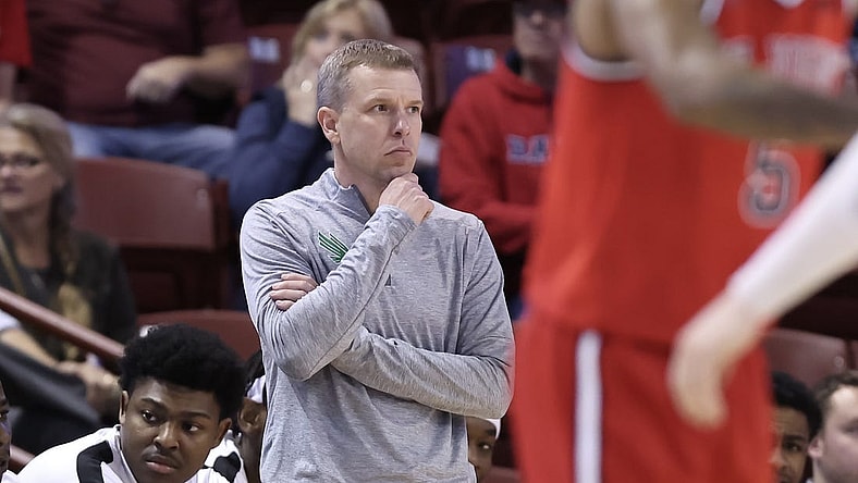 Nov 16, 2023; Charleston, South Carolina, USA; North Texas Mean Green head coach Ross Hodge on the side line in the second half against the St. John's Red Storm at TD Arena. Mandatory Credit: David Yeazell-USA TODAY Sports