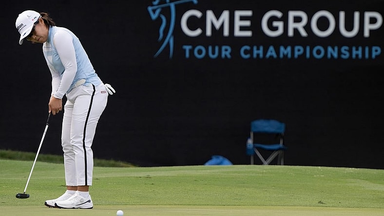 Nasa Hataoka putting on the 18th hole during the first round of the CME Group Tour Championship at the Tiburon Golf Club in Naples, Fla., Friday, Nov. 16, 2023.