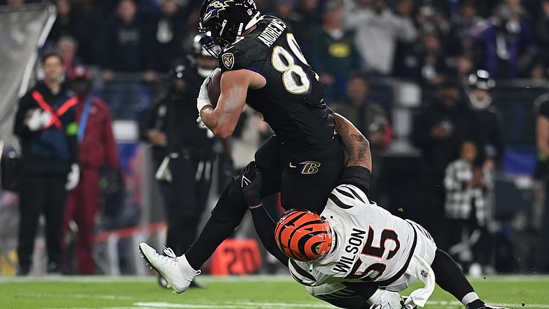 Nov 16, 2023; Baltimore, Maryland, USA; Baltimore Ravens tight end Mark Andrews (89) runs after a catch during the first quarter against Cincinnati Bengals linebacker Logan Wilson (55) at M&T Bank Stadium. Mandatory Credit: Tommy Gilligan-USA TODAY Sports