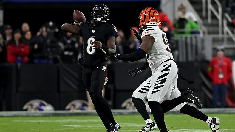 Nov 16, 2023; Baltimore, Maryland, USA; Baltimore Ravens quarterback Lamar Jackson (8) throws during the second quarter against the Cincinnati Bengals at M&T Bank Stadium. Mandatory Credit: Tommy Gilligan-USA TODAY Sports