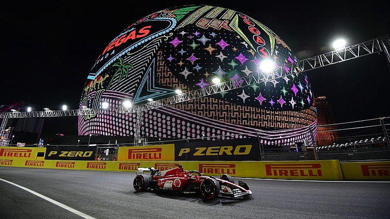 Nov 16, 2023; Las Vegas, Nevada, USA; Scuderia Ferrari driver Charles LeClerc of Monaco (16) during free practice at Las Vegas Strip Circuit. Mandatory Credit: Gary A. Vasquez-USA TODAY Sports