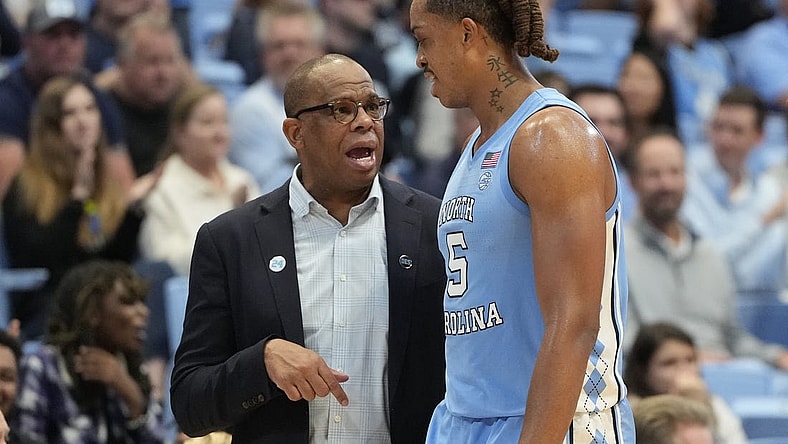 Nov 17, 2023; Chapel Hill, North Carolina, USA; North Carolina Tar Heels head coach Hubert Davis and forward Armando Bacot (5) in the second half at Dean E. Smith Center. Mandatory Credit: Bob Donnan-USA TODAY Sports