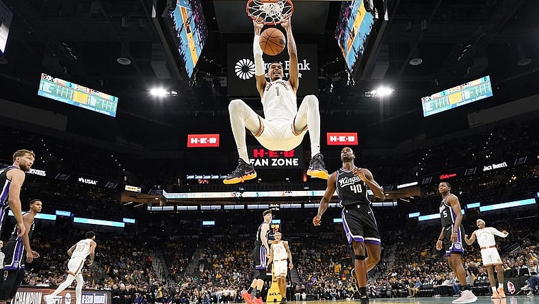 Nov 17, 2023; San Antonio, Texas, USA; San Antonio Spurs forward Victor Wembanyama (1) dunks during the first half against the Sacramento Kings at Frost Bank Center. Mandatory Credit: Scott Wachter-USA TODAY Sports