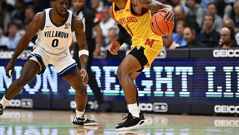 Nov 17, 2023; Villanova, Pennsylvania, USA; Maryland Terrapins guard Jahmir Young (1) controls the ball against Villanova Wildcats guard TJ Bamba (0) in the first half at William B. Finneran Pavilion. Mandatory Credit: Kyle Ross-USA TODAY Sports