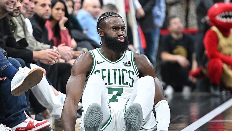 Nov 17, 2023; Toronto, Ontario, CAN; Boston Celtics guard Jaylen Brown (7) reacts after falling during play against the Toronto Raptors in the second  half at Scotiabank Arena. Mandatory Credit: Dan Hamilton-USA TODAY Sports