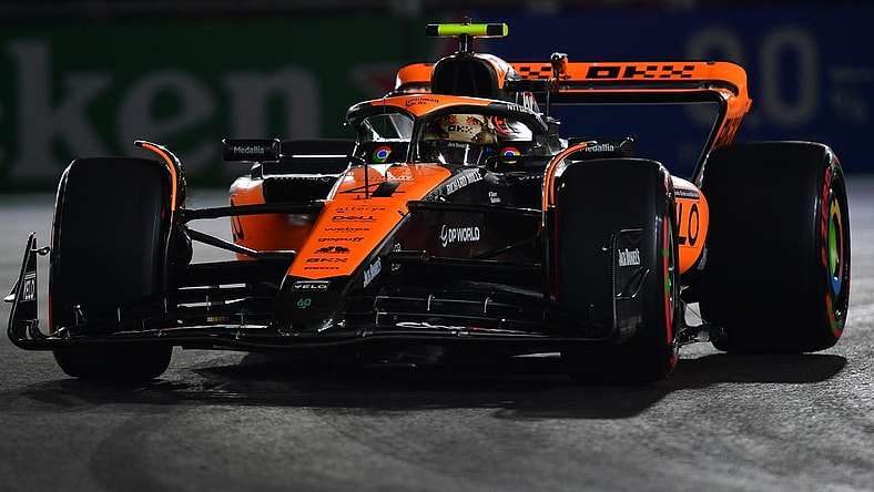 Nov 17, 2023; Las Vegas, Nevada, USA; McLaren F1 Team driver Lando Norris of Great Britain (4) during qualifying at Las Vegas Strip Circuit. Mandatory Credit: Gary A. Vasquez-USA TODAY Sports