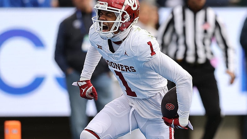 Nov 18, 2023; Provo, Utah, USA; Oklahoma Sooners wide receiver Jayden Gibson (1) reacts to a play against the Brigham Young Cougars in the first quarter at LaVell Edwards Stadium. Mandatory Credit: Rob Gray-USA TODAY Sports
