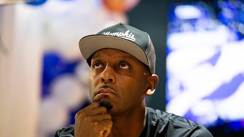 Memphis basketball head coach Penny Hardaway watches his team play Alabama State from a private room at Owners Box Sports Grill in Lakeland, Tenn., on Friday, November 17, 2023. Hardaway couldn   t coach the team because of a three-game NCAA suspension he had to serve for recruiting violations.
