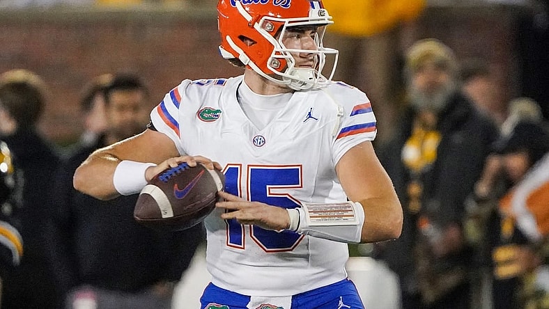 Nov 18, 2023; Columbia, Missouri, USA; Florida Gators quarterback Graham Mertz (15) warms up against the Missouri Tigers prior to a game at Faurot Field at Memorial Stadium. Mandatory Credit: Denny Medley-USA TODAY Sports