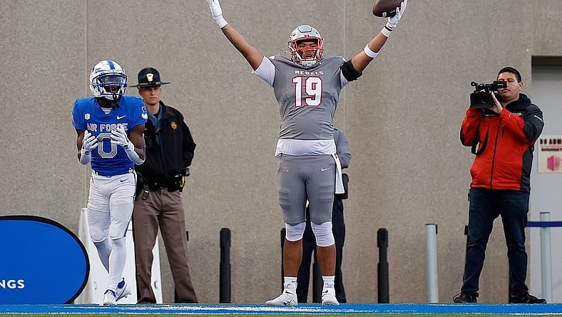 UNLV Rebels tight end Kaleo Ballungay (19) reacts after his touchdown against Air Force Falcons defensive back Trey Williams (0) in the third quarter at Falcon Stadium. Mandatory Credit: Isaiah J. Downing-USA TODAY Sports