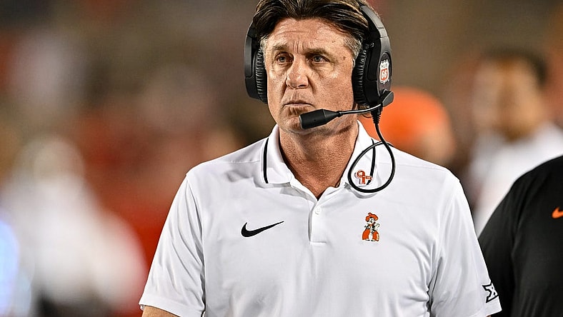 Nov 18, 2023; Houston, Texas, USA; Oklahoma State Cowboys head coach Mike Gundy looks on during the fourth quarter against the Houston Cougars at TDECU Stadium. Mandatory Credit: Maria Lysaker-USA TODAY Sports