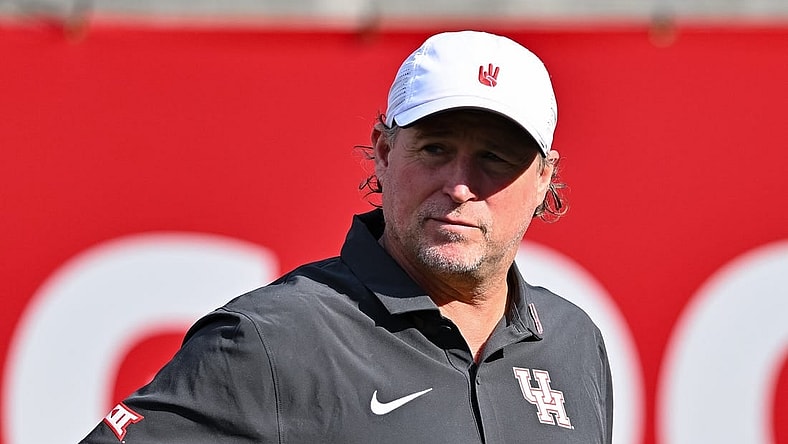 Nov 18, 2023; Houston, Texas, USA; Houston Cougars head coach Dana Holgorsen looks on prior to the game against the Oklahoma State Cowboys at TDECU Stadium. Mandatory Credit: Maria Lysaker-USA TODAY Sports
